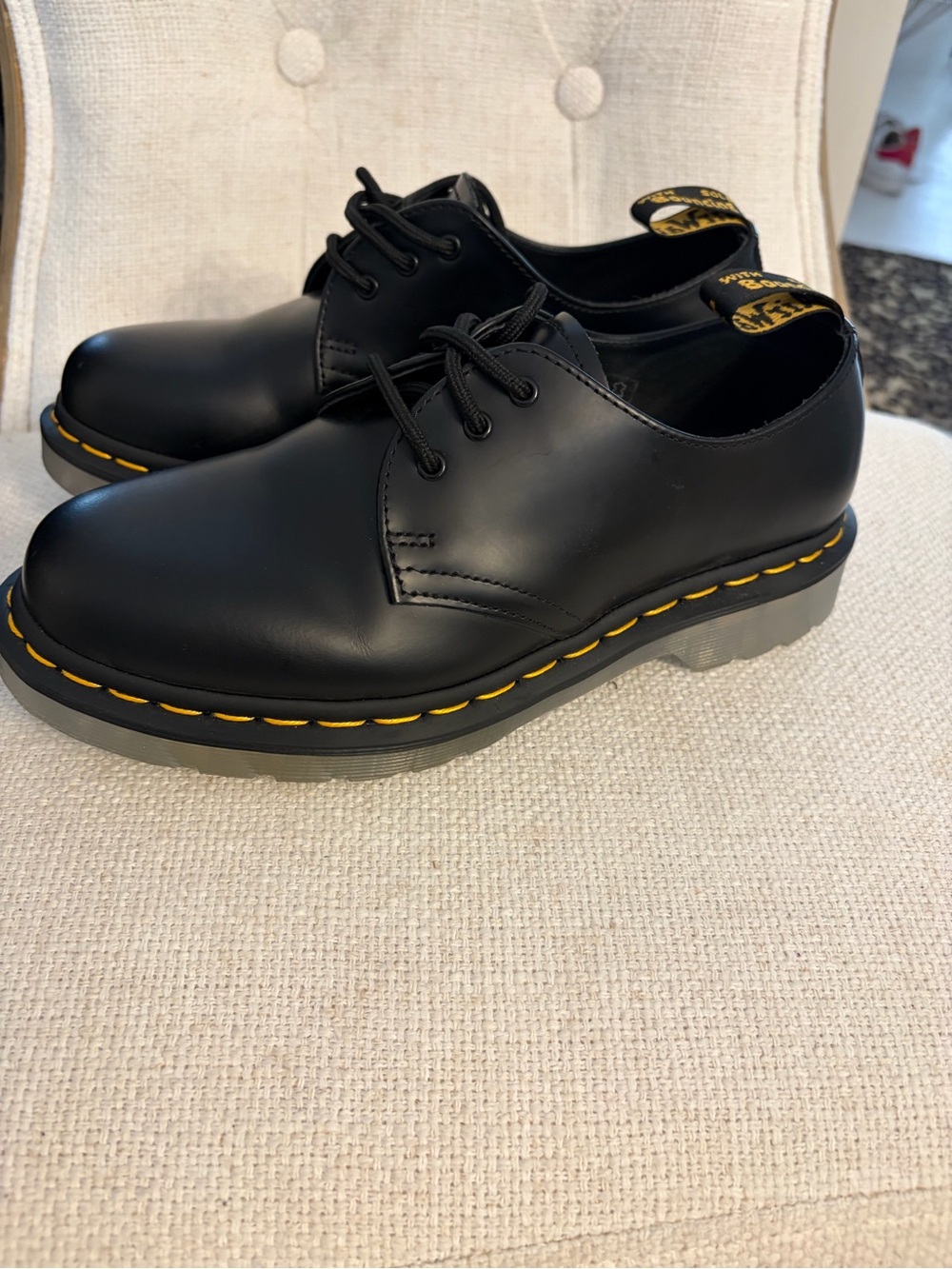 Dr. Martens Black Derby Shoes with Yellow Stitching